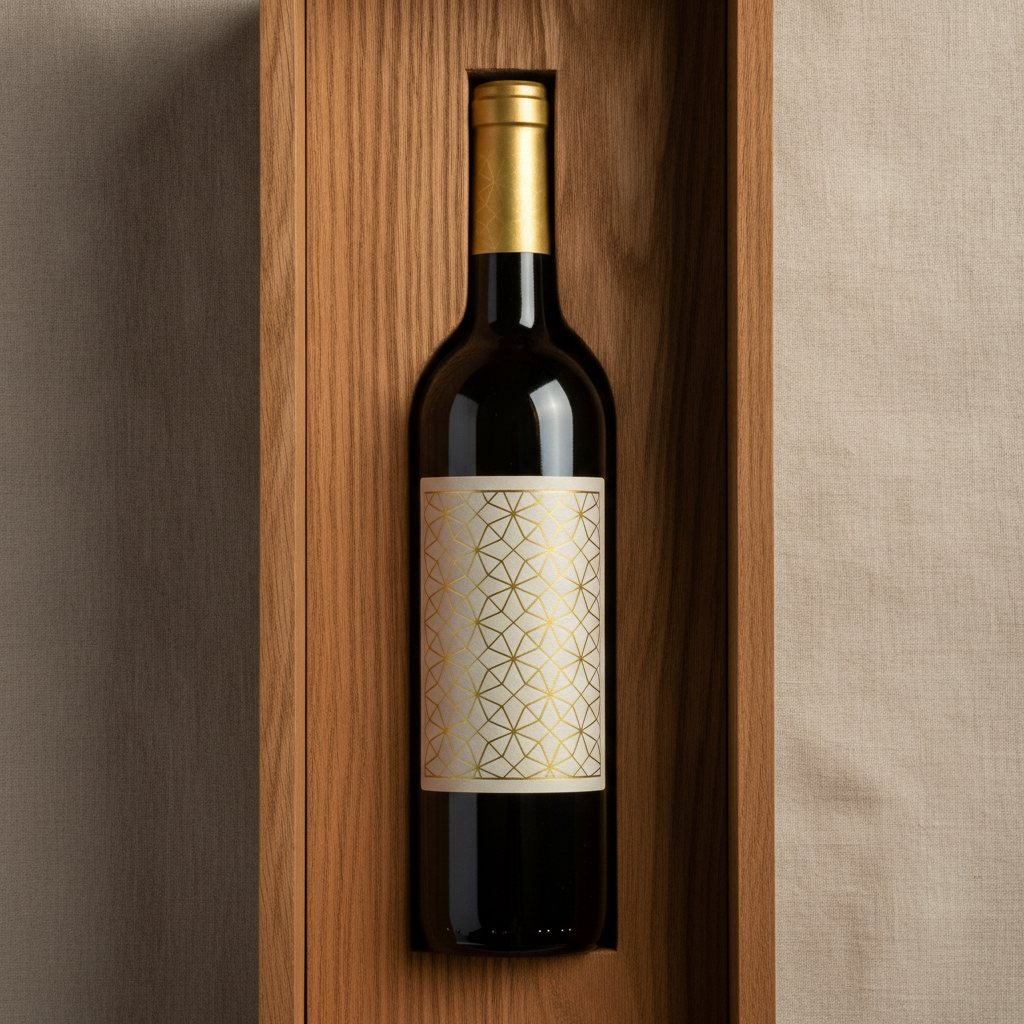 Botella de vino con etiqueta personalizada en caja de madera